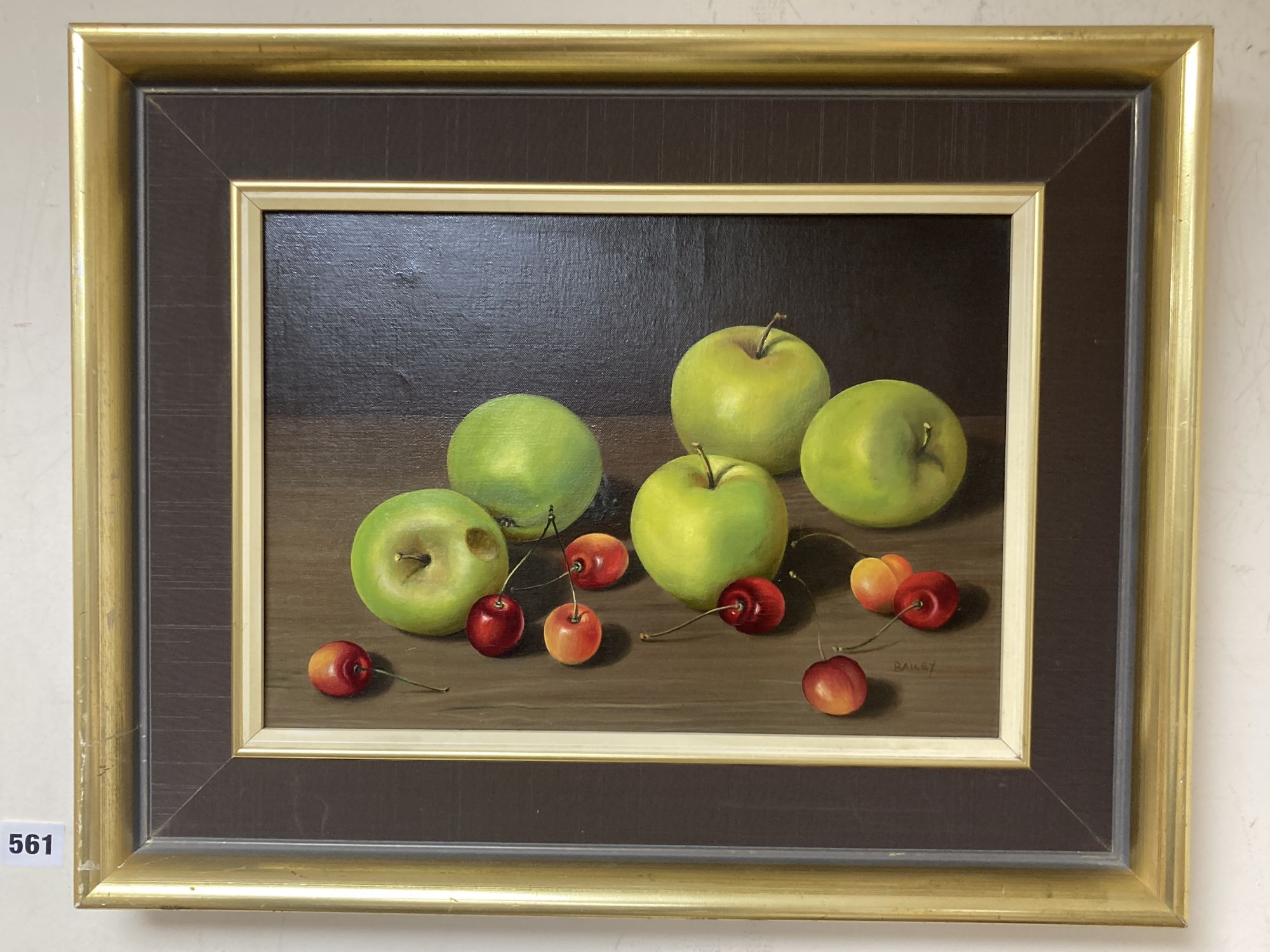 Bailey, oil on canvas, Still life of apples and cherries, signed, 24 x 34cm